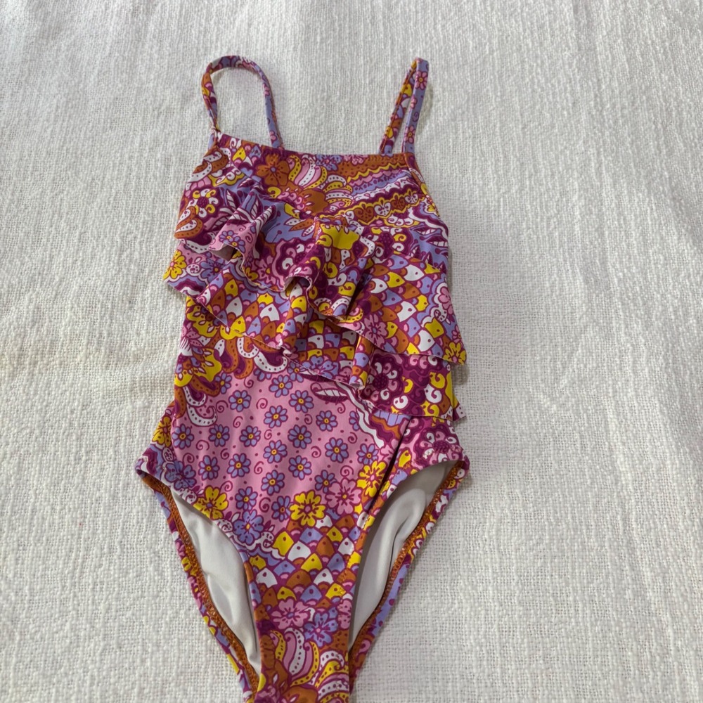 Garnet Hill Kids Girls Pink Purple Paisley Floral Ruffle One Piece Swimsuit 4